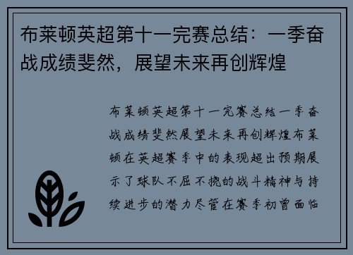 布莱顿英超第十一完赛总结：一季奋战成绩斐然，展望未来再创辉煌